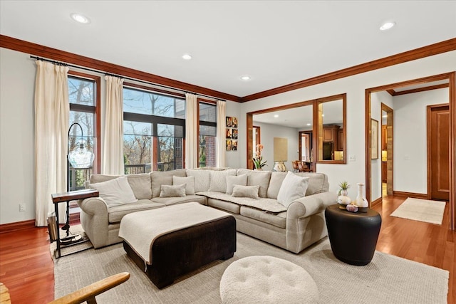 living room featuring light wood-type flooring and crown molding