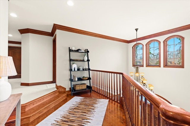 corridor with dark wood-type flooring and crown molding