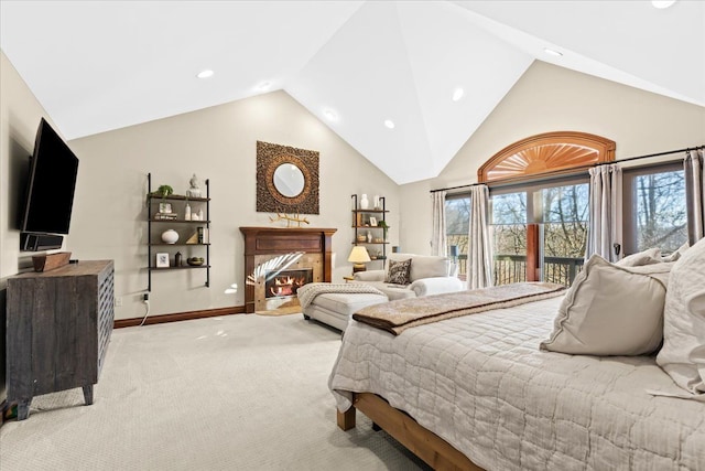 bedroom with high vaulted ceiling, access to outside, and light colored carpet