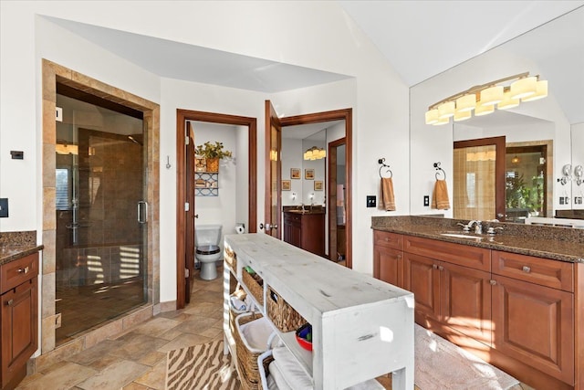 bathroom featuring lofted ceiling, vanity, toilet, and a shower with shower door