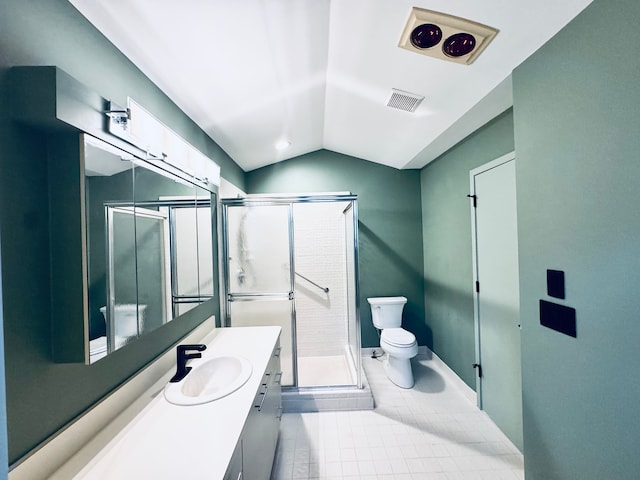 full bath with a stall shower, toilet, tile patterned flooring, vaulted ceiling, and vanity