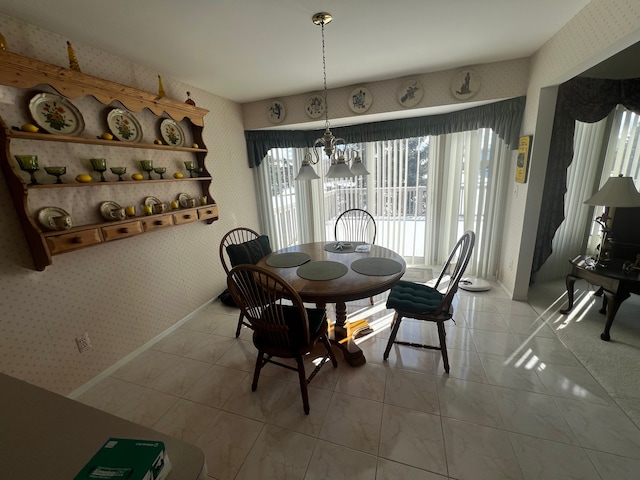 dining area with baseboards, an inviting chandelier, light tile patterned flooring, and wallpapered walls