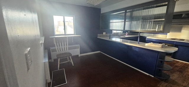 kitchen with kitchen peninsula, dark wood-type flooring, radiator heating unit, and sink