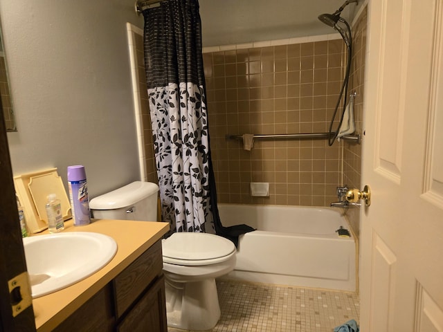 full bathroom with toilet, tile patterned floors, shower / tub combo with curtain, and vanity