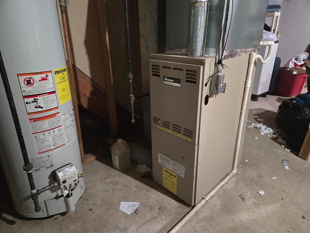 utility room with gas water heater and heating unit