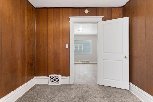 spare room featuring wooden walls and carpet flooring