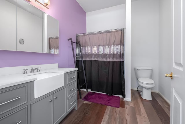 bathroom with toilet, curtained shower, hardwood / wood-style floors, and vanity