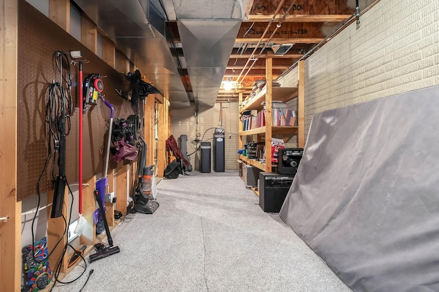 basement featuring brick wall