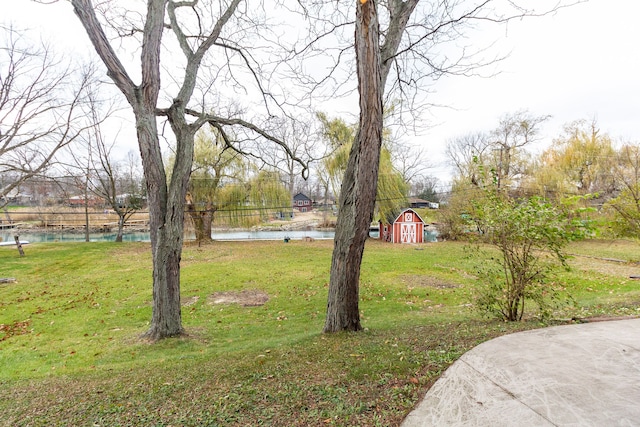 view of yard featuring a water view and a storage unit