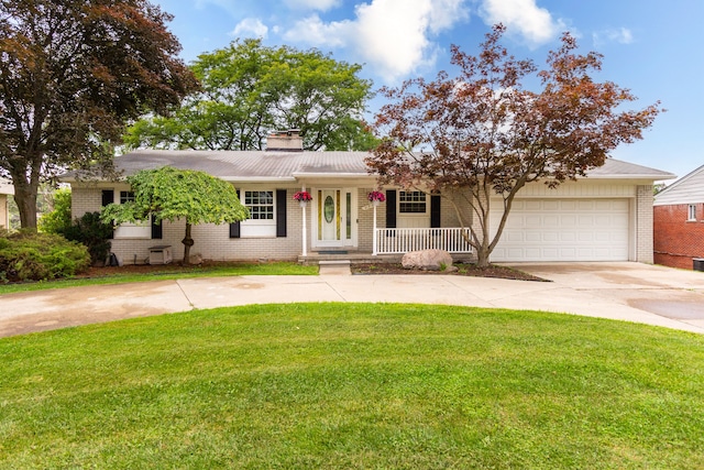 21918 Knudsen Dr, Grosse Ile, MI 48138 - ranch-style home with brick siding, concrete driveway, a porch, a chimney, and a front lawn