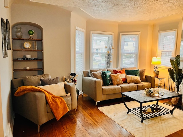 living room with a textured ceiling and hardwood / wood-style flooring