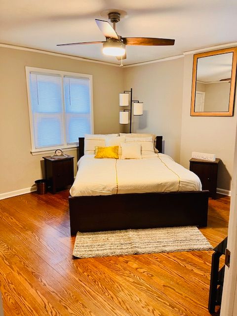 bedroom featuring ceiling fan, wood-type flooring, and ornamental molding