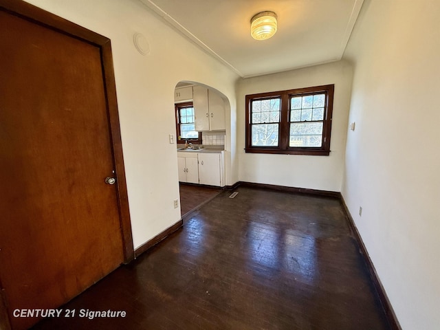 spare room with sink, dark hardwood / wood-style flooring, and a healthy amount of sunlight