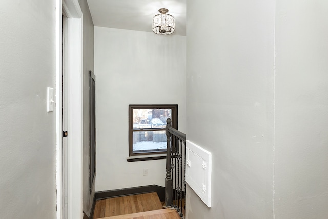 staircase featuring hardwood / wood-style flooring and a notable chandelier