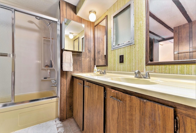 bathroom with enclosed tub / shower combo, vanity, and tile patterned floors