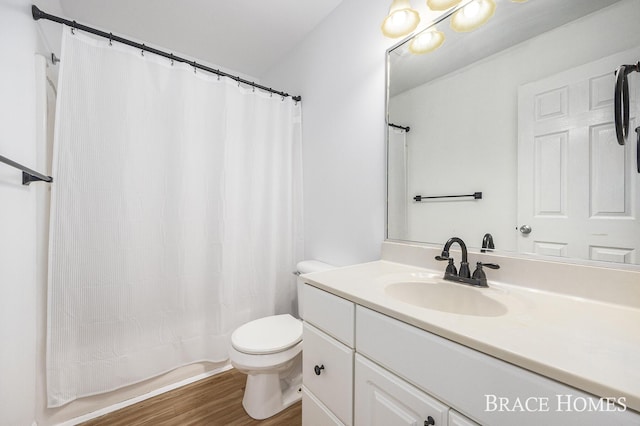 bathroom featuring toilet, vanity, and wood-type flooring