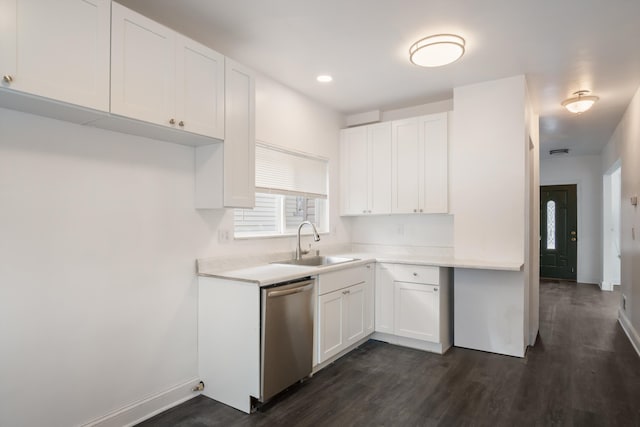 kitchen featuring white cabinetry, dishwasher, dark hardwood / wood-style flooring, and sink