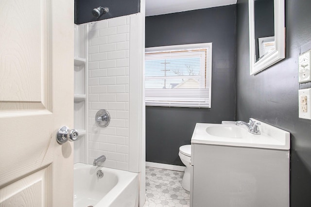 full bathroom featuring toilet, tile patterned flooring, washtub / shower combination, and vanity