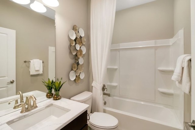 full bathroom featuring toilet, shower / bath combination with curtain, and vanity