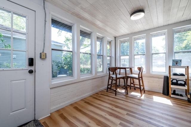 sunroom featuring wooden ceiling