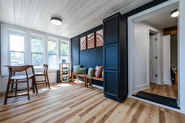 mudroom featuring wooden ceiling and light hardwood / wood-style flooring