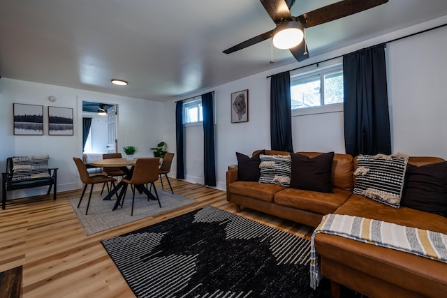 living room with ceiling fan and hardwood / wood-style floors