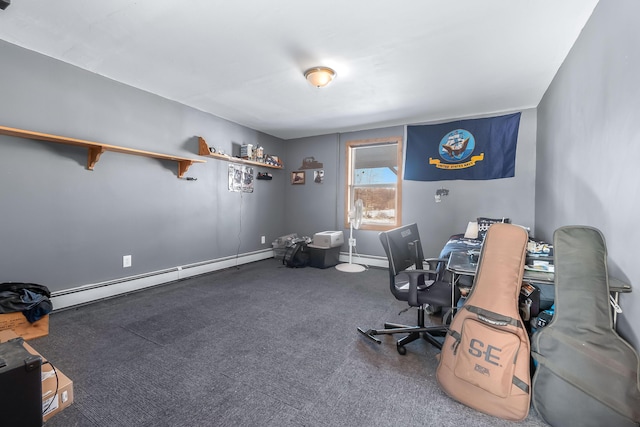 office area with carpet flooring and a baseboard heating unit