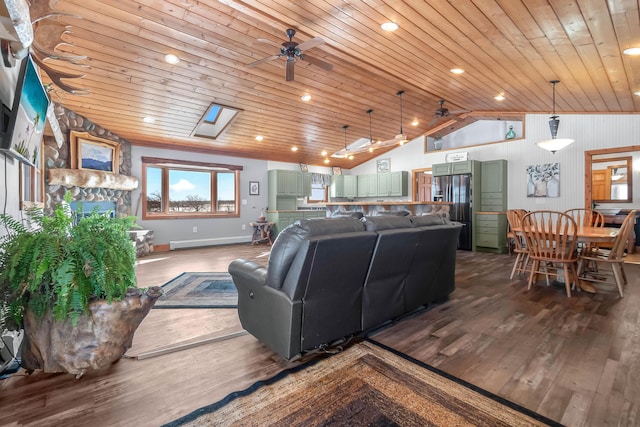 living room with a baseboard heating unit, hardwood / wood-style floors, ceiling fan, and wood ceiling