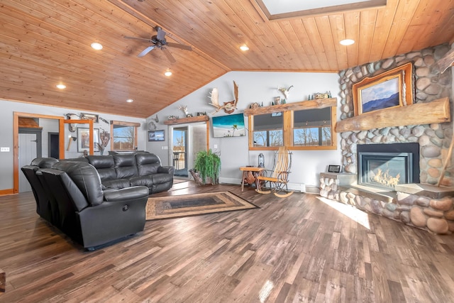 living room with wooden ceiling, vaulted ceiling, ceiling fan, hardwood / wood-style flooring, and a stone fireplace