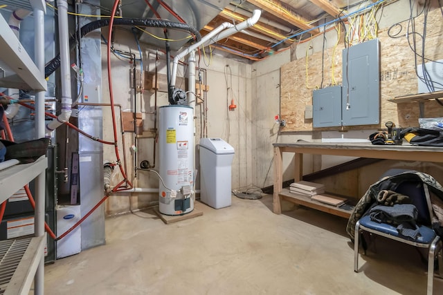 utility room featuring electric panel and water heater