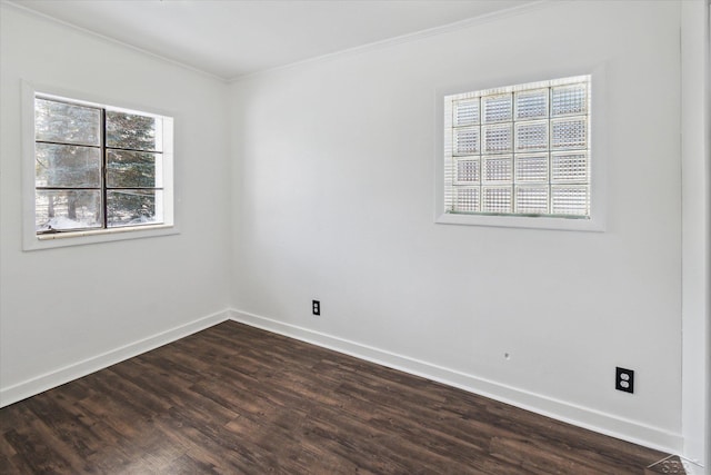 spare room with crown molding and dark hardwood / wood-style floors