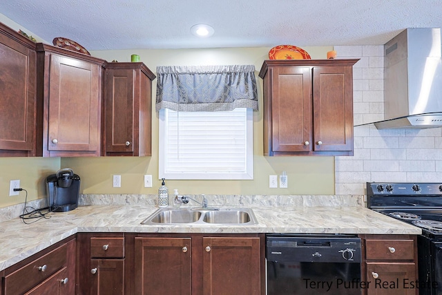 kitchen with black appliances, wall chimney exhaust hood, a textured ceiling, and sink