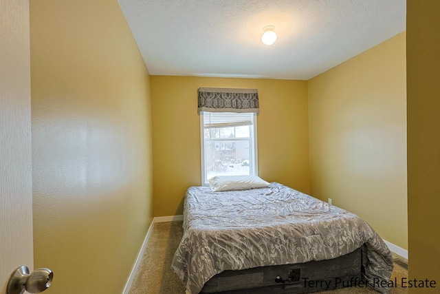 carpeted bedroom with a textured ceiling