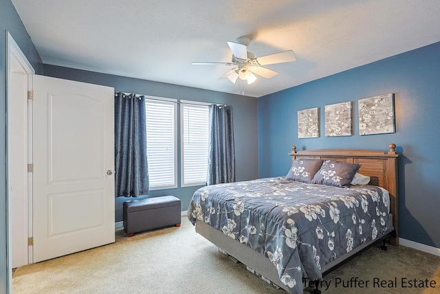 bedroom featuring carpet flooring and ceiling fan