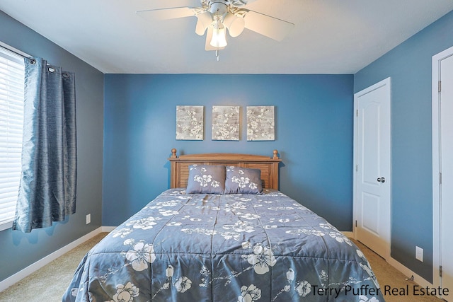 bedroom featuring carpet floors and ceiling fan