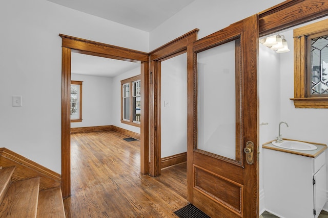 foyer entrance featuring wood-type flooring and sink