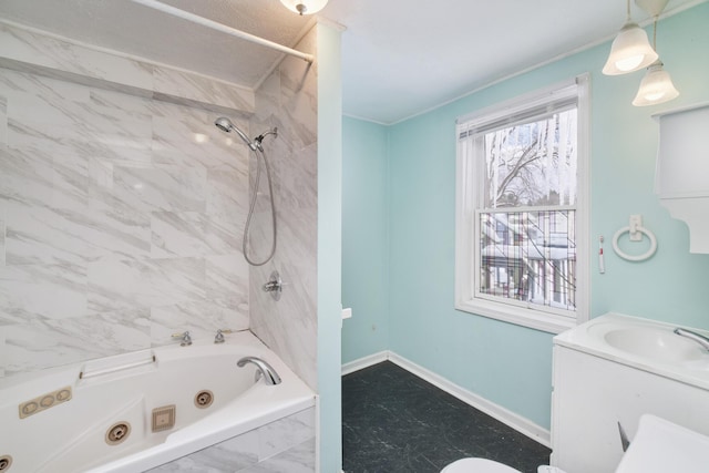 416 S Michigan Ave, Manton, MI 49663 - full bathroom featuring a combined bath / shower with jetted tub, vanity, baseboards, and toilet