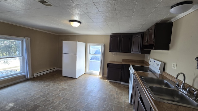 416 S Michigan Ave, Manton, MI 49663 - kitchen with a baseboard radiator, a sink, white appliances, baseboards, and ornamental molding