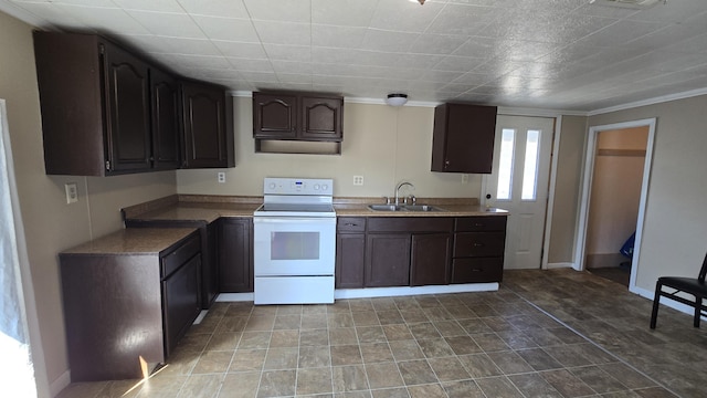 416 S Michigan Ave, Manton, MI 49663 - kitchen featuring electric range, a sink, and dark brown cabinetry