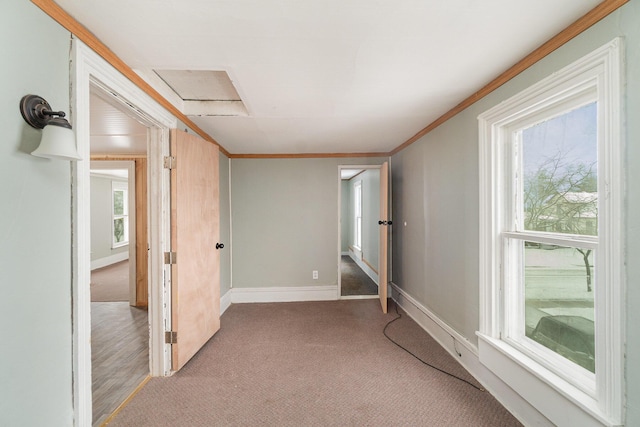 hallway featuring crown molding and light carpet