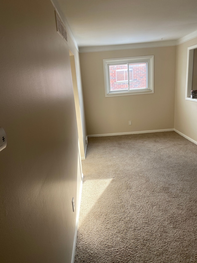 unfurnished room with ornamental molding and carpet