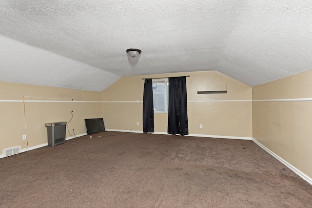 additional living space with lofted ceiling, carpet floors, and a textured ceiling