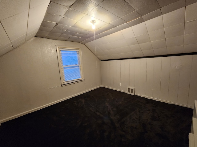 additional living space with carpet, visible vents, vaulted ceiling, and baseboards