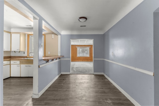 doorway with dark wood-type flooring and sink