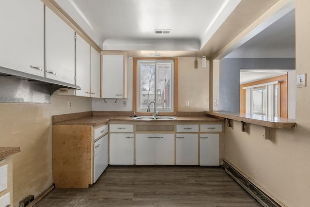 kitchen featuring dark wood-type flooring, sink, white cabinetry, a baseboard radiator, and kitchen peninsula