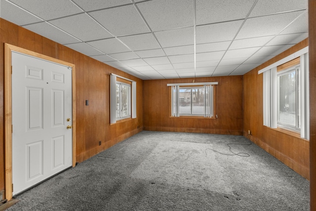 carpeted empty room featuring wooden walls