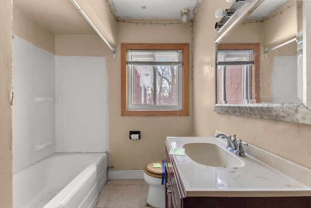 full bathroom featuring shower / tub combination, vanity, toilet, and tile patterned flooring