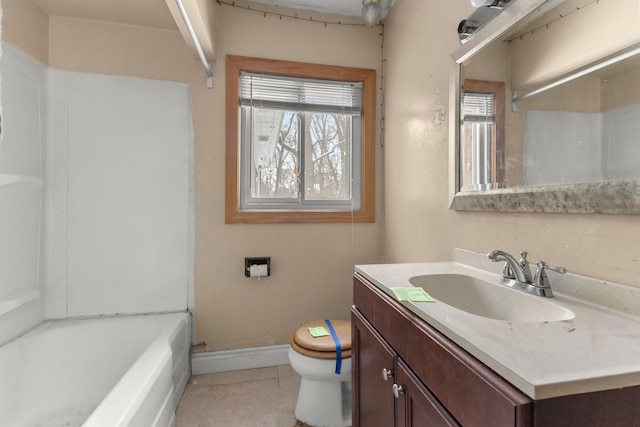 full bathroom featuring tile patterned flooring, vanity, bathing tub / shower combination, and toilet