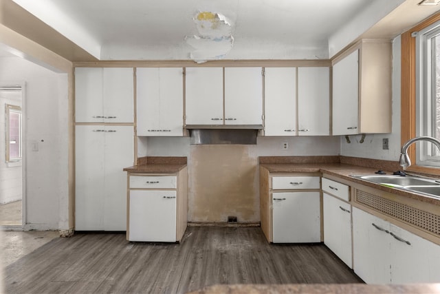 kitchen with hardwood / wood-style flooring, white cabinetry, and sink