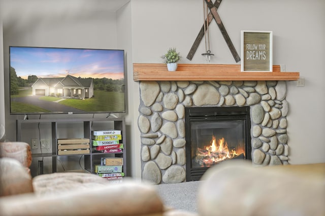 details featuring a stone fireplace